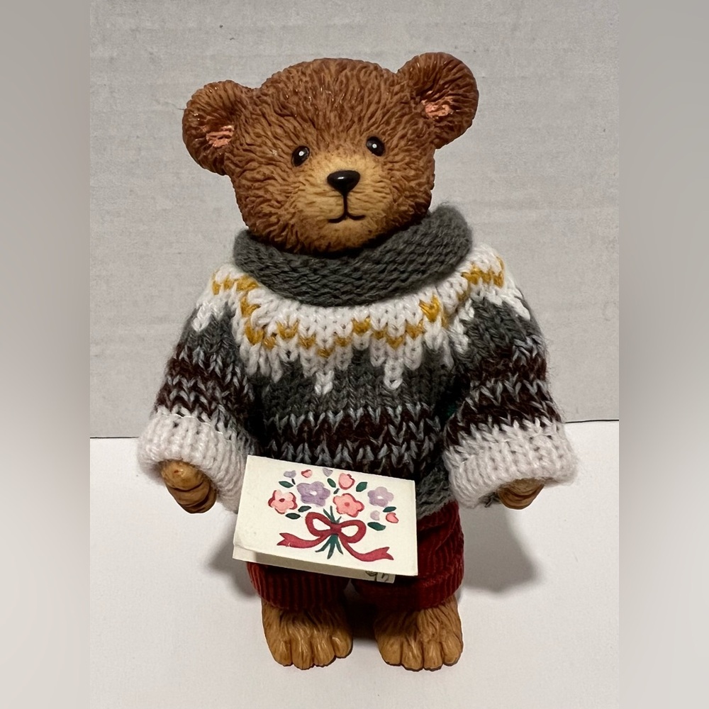 Vintage 1995  “I Love You” Resin Bear Figurine Knitted Sweater/Corduroy Pants